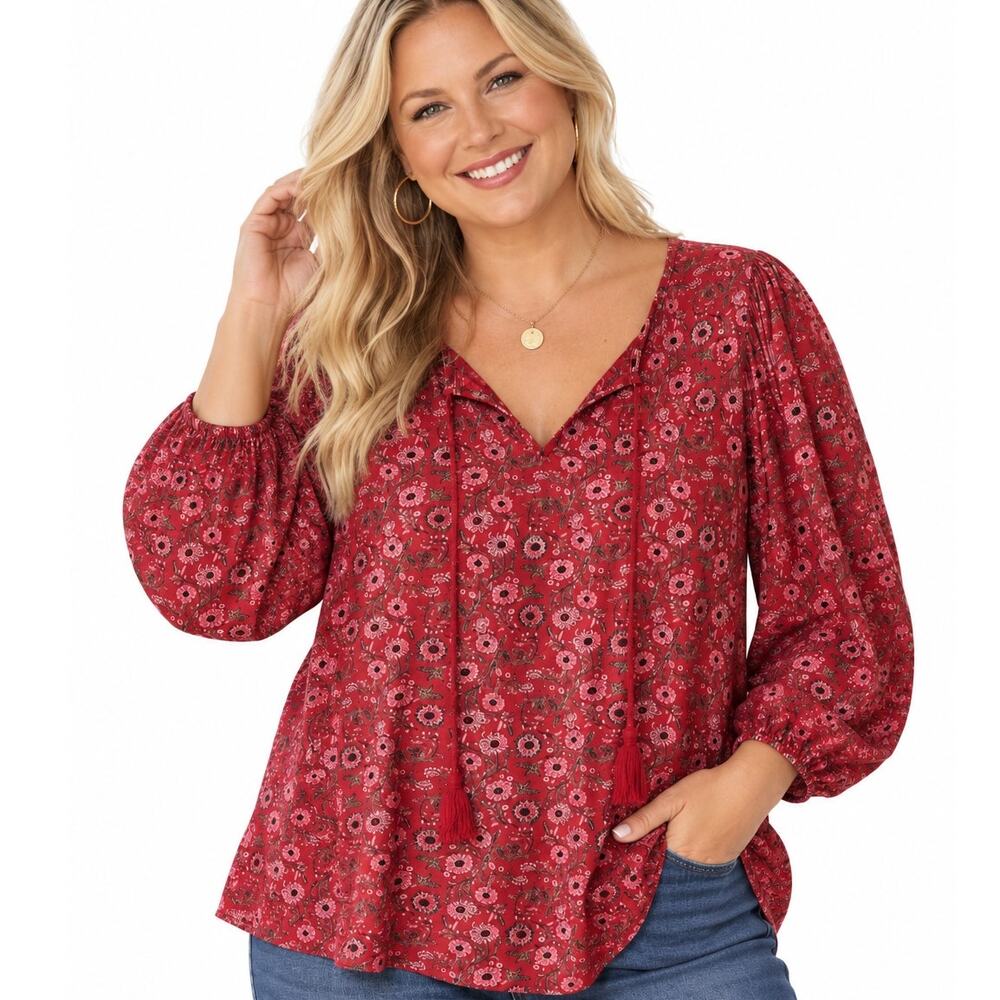 Style & Co Peasant Top Womens Size 2X Red Floral Tasseled Knit Modal Cotton Boho